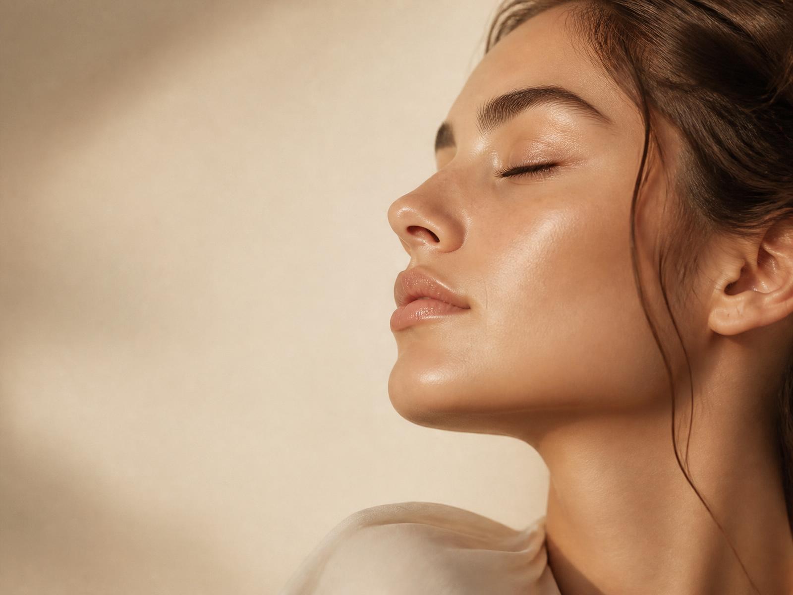 Retrato em close de um rosto feminino com pele natural e luminosa